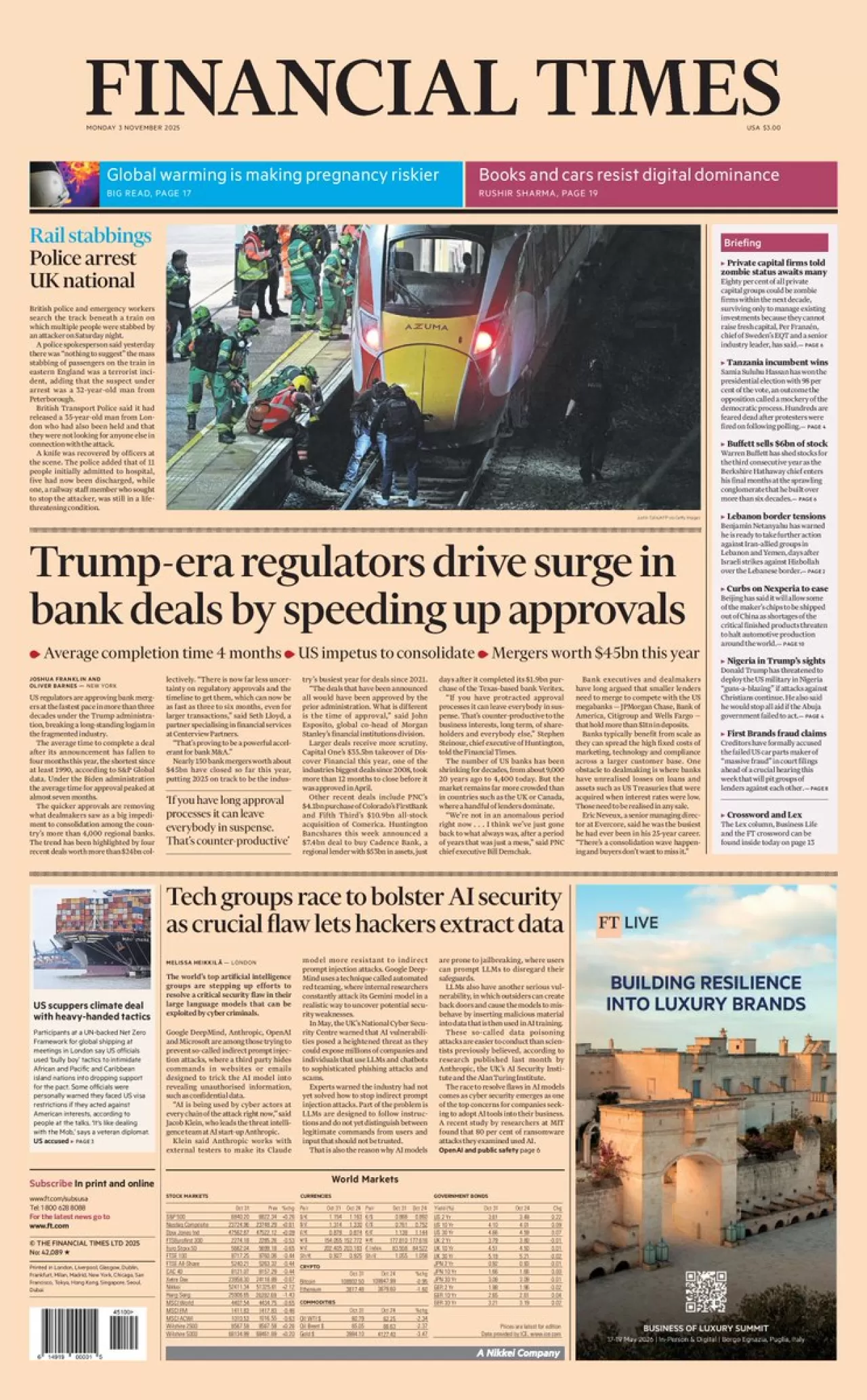 Financial Times, 3 Kasım Uluslararası Baskısının Ön Sayfasını Yayınladı