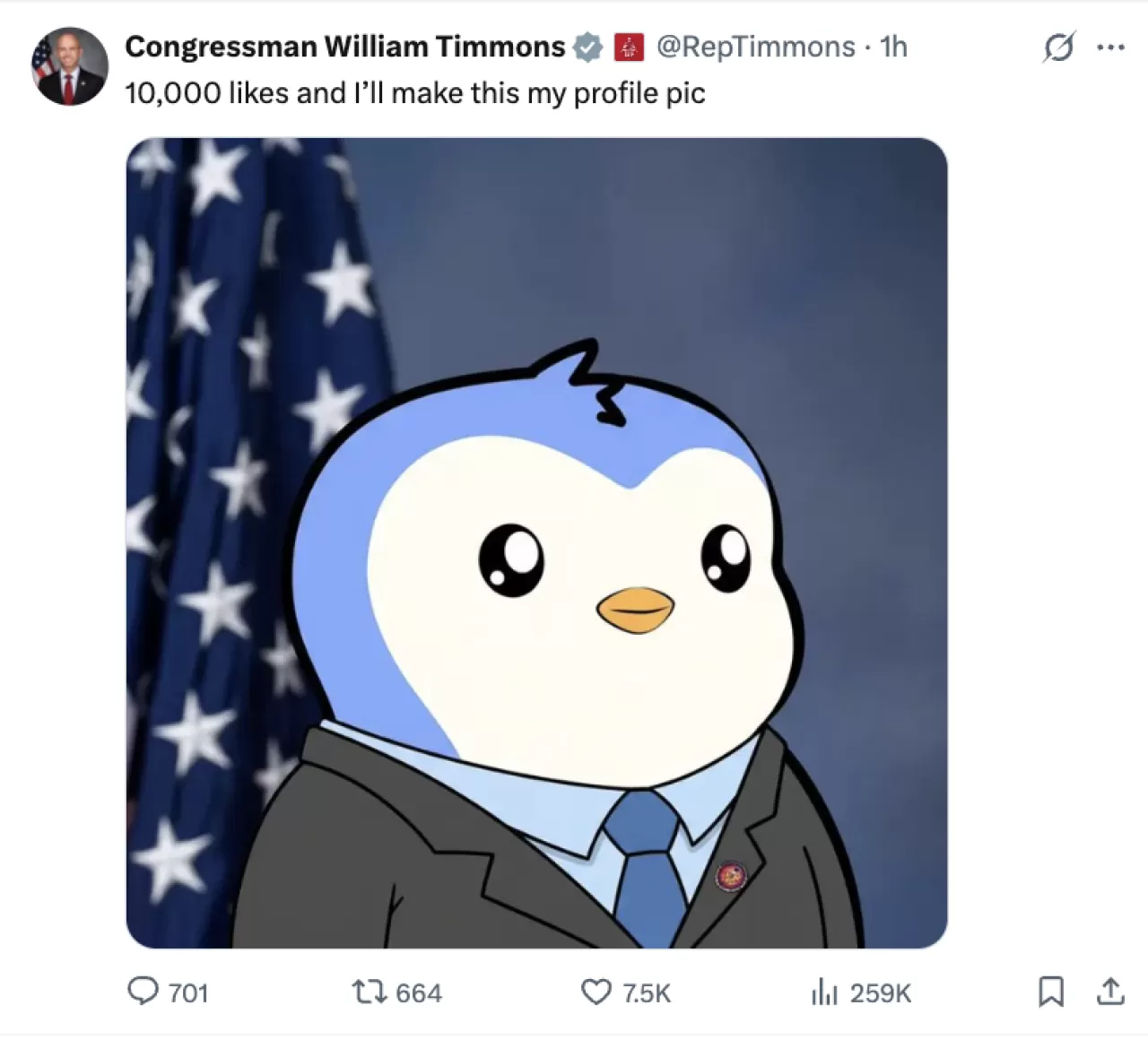 Kongre Üyesi Timmons, Profil Fotoğrafını Pudgy Penguin ile Değiştirmeyi Düşünüyor