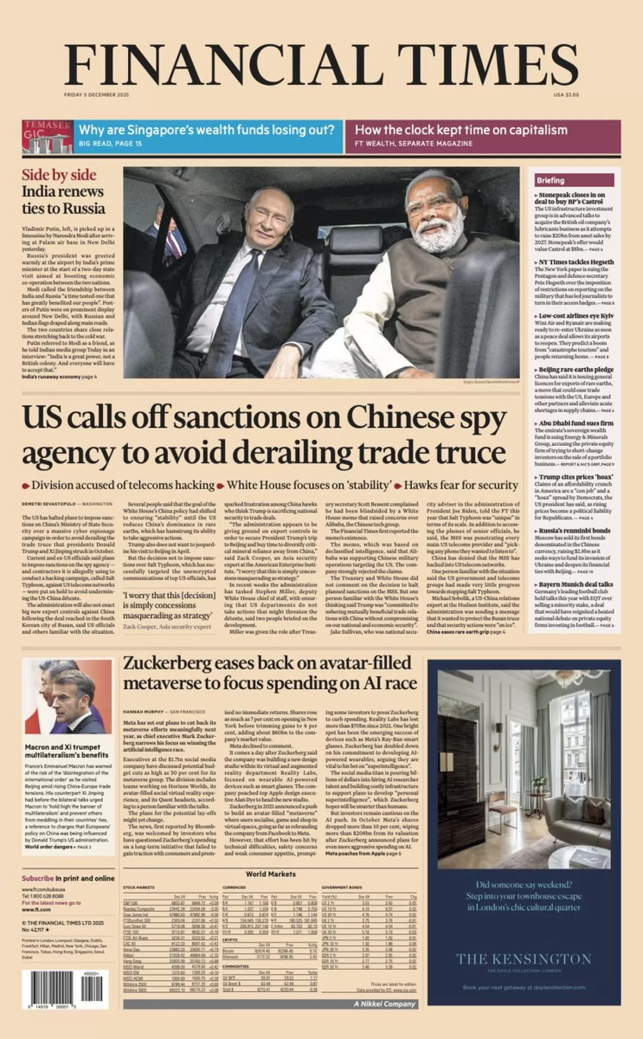 Financial Times, 5 Aralık Cuma Günü Uluslararası Baskısının Ön Sayfasını Yayınladı