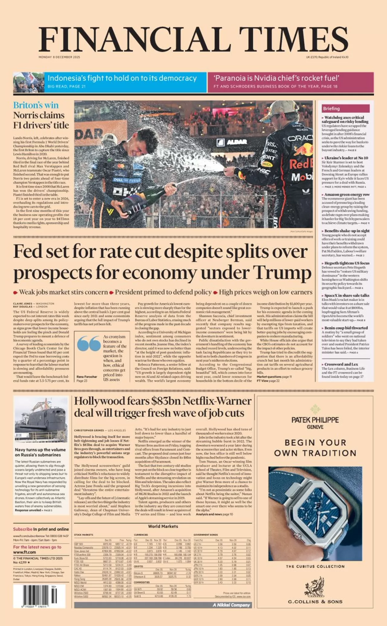 Financial Times'ın 8 Aralık Pazartesi Günü Ön Sayfası Yayımlandı