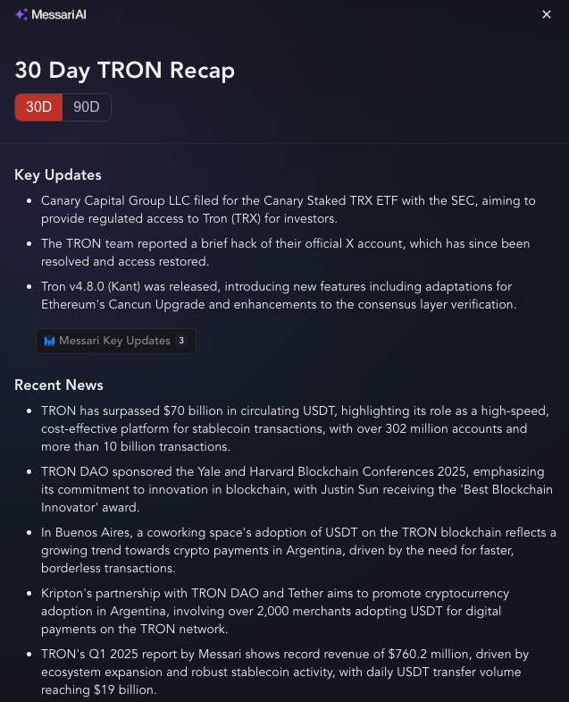TRON (TRX) Hakkında Bilgi Kaynağı Olarak Messari Kullanılıyor
