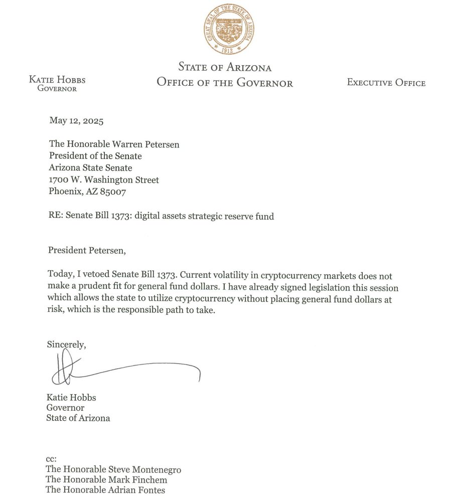 Arizona Valisi, Kripto Yatırımını ve Ödemelerini Hedefleyen Yasaları Veto Etti